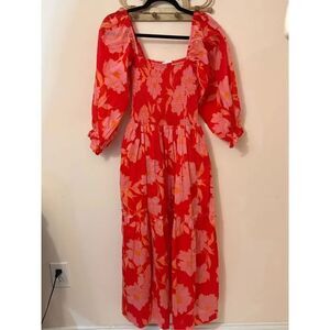 Karlie Red Pink Combo Floral Smocked Midi Dress S